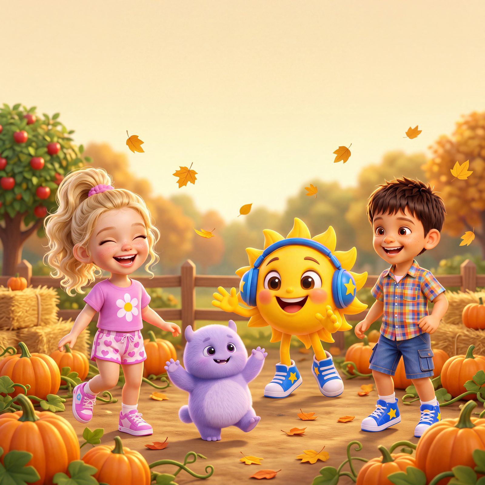 Harper, Kaevin, Sunny Beats and Wobbles dancing in a pumpkin patch
