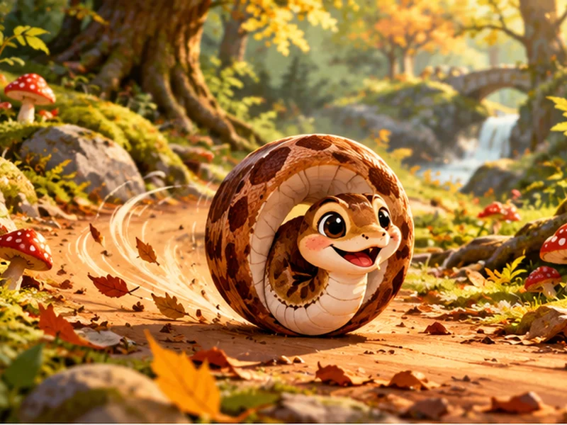 A tiny friendly cartoon snake curled into a wheel, rolling happily along a forest path between leaves and little mushrooms