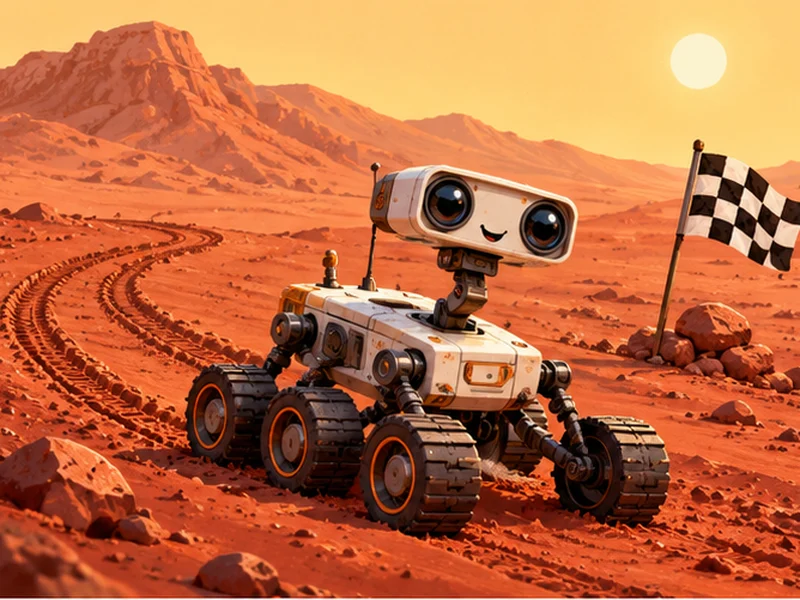 A cheerful cartoon six-wheeled rover driving across red Mars hills, leaving wheel tracks, with a little finish flag and a pale sky