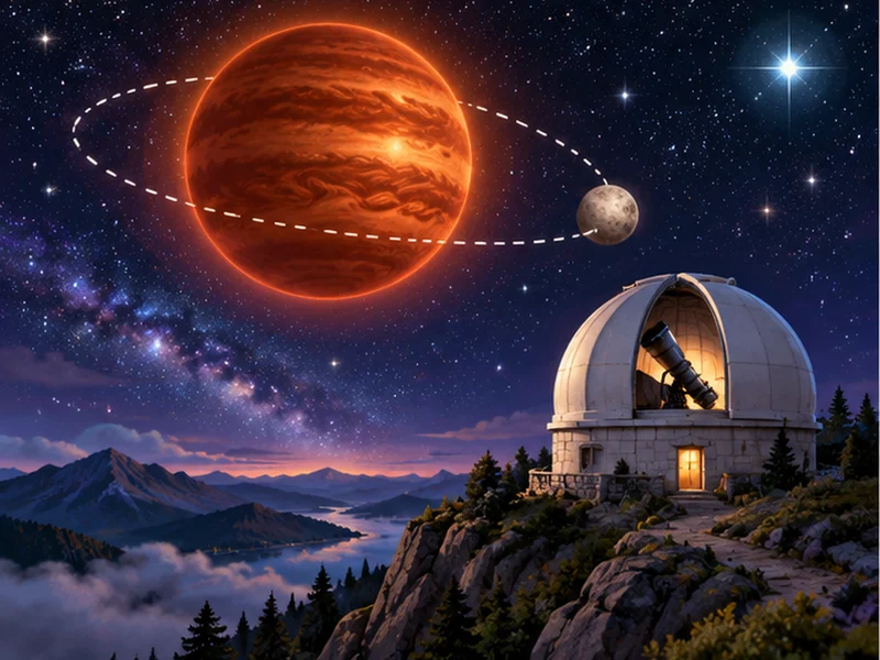 A cartoon night sky with a big glowing reddish-brown ball and a smaller round moon circling it, a bright star in the distance and a big telescope dome on a mountain